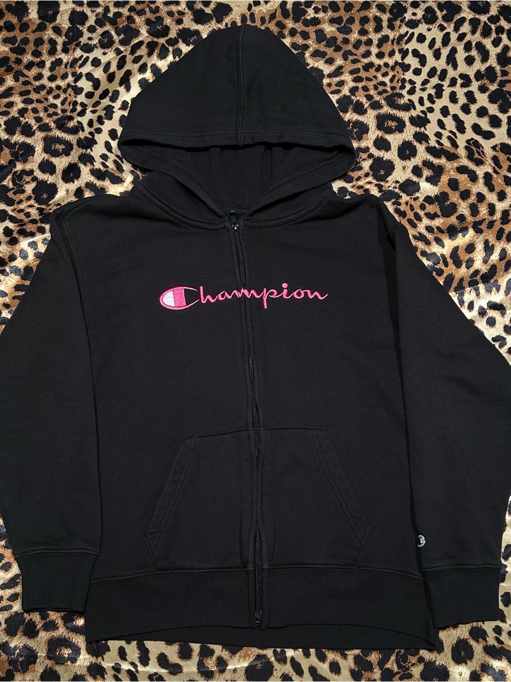 Champion Black Full Zip Hoodie With Pink Embroidered Logo